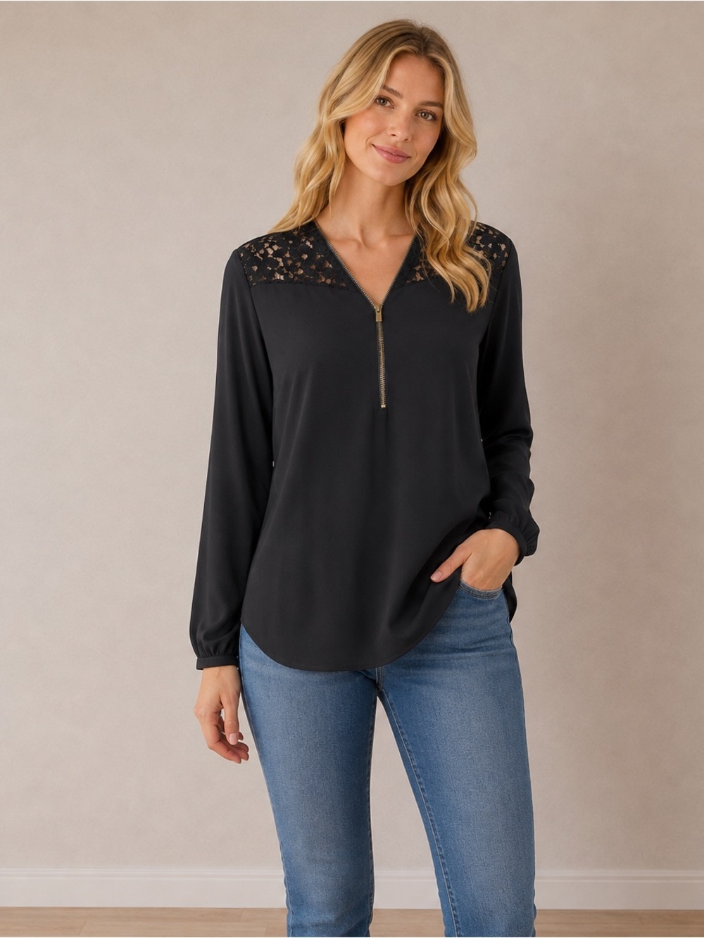 Cache Black Lace Long Sleeve Blouse Gold Zip V- Neck Chic Romantic Size XS
